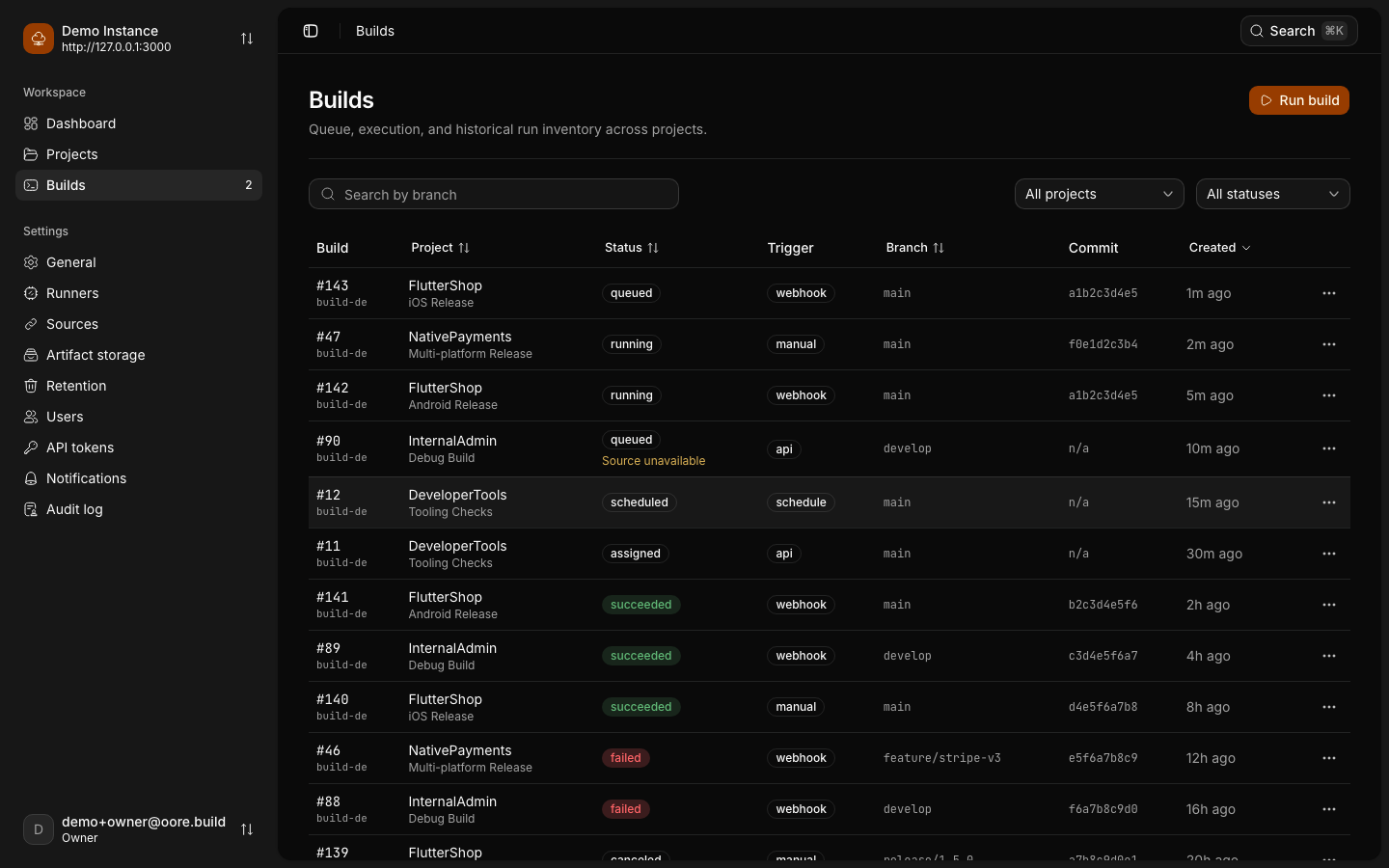 Oore build inventory showing queued, running, successful, failed, and canceled builds