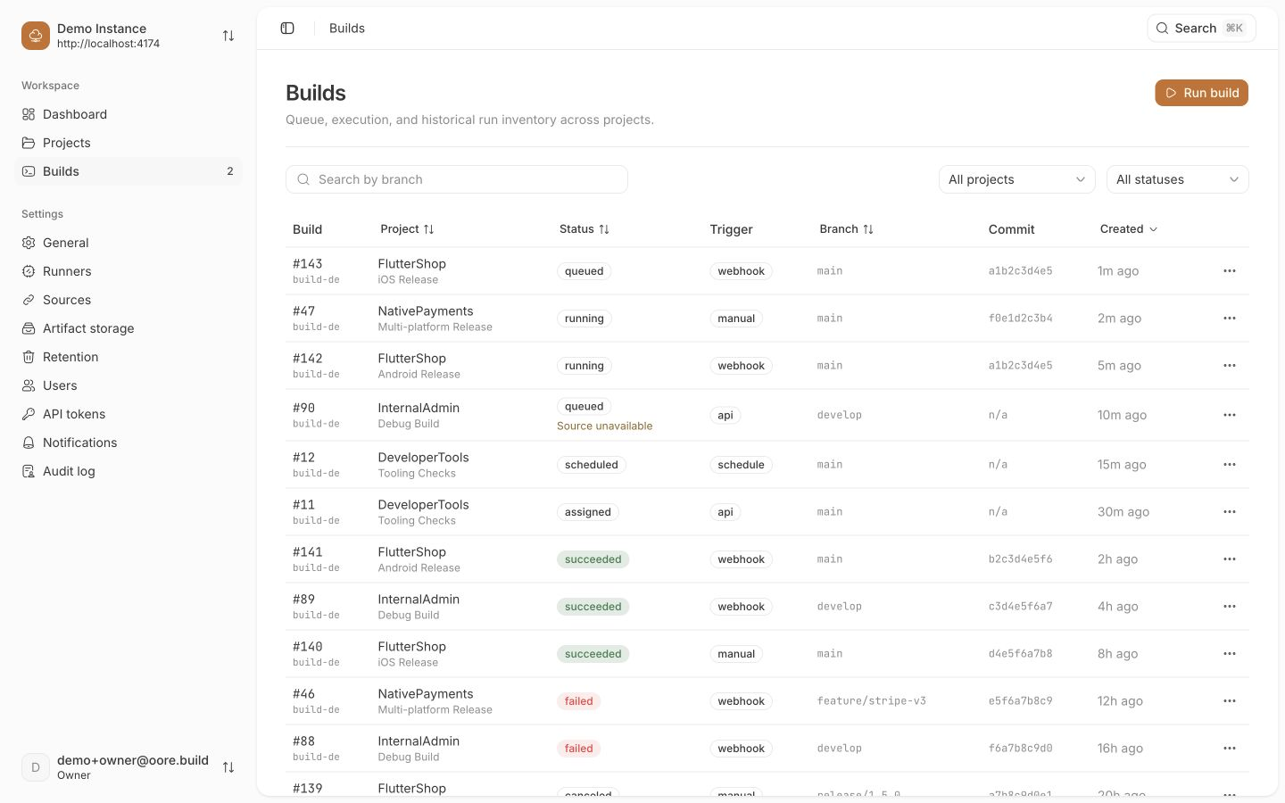 Oore build inventory showing queued, running, successful, failed, and canceled builds