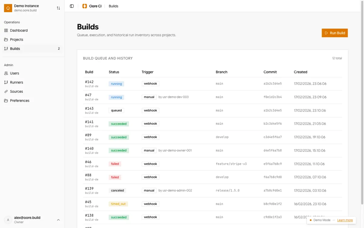 Oore CI Builds list screenshot