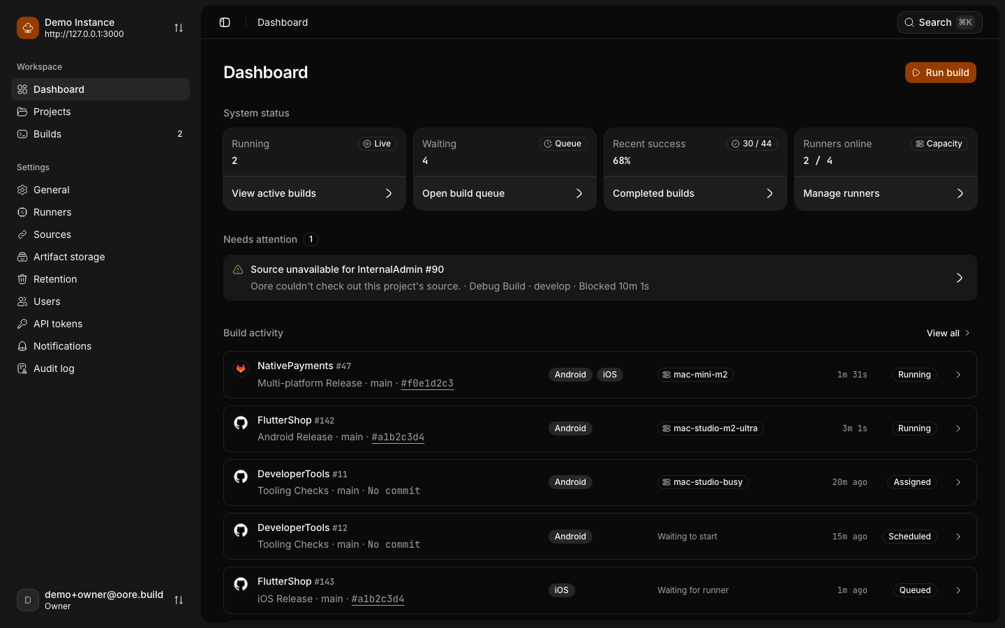 Oore dashboard showing system status, active builds, and recent build activity