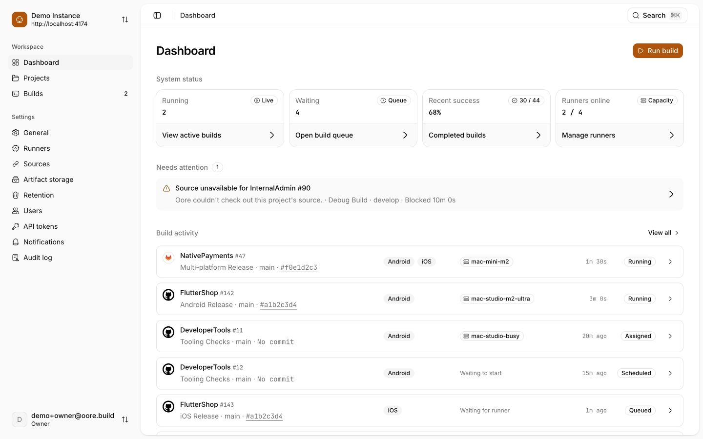 Oore dashboard showing system status, active builds, and recent build activity